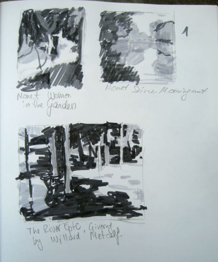 I made these value studies looking at some of my favorite impressionist paintings in a museum. I used value markers.