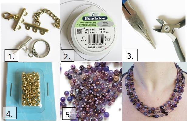 The materials for making a multi-strand beaded necklace are available at most craft stores that sell bead supplies.