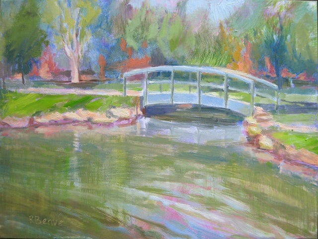 "Schiller Park Bridge", oil on panel. One of my plein air paintings, completed in about two hours. Plein air painting by Robie Benve.