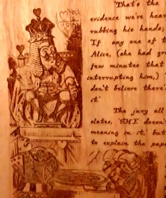 Engraving the illustrations and text together at the same time requires a perfect balance in controlling minute changes in power and speed. I've destroyed many pages until I achieved the right combination.