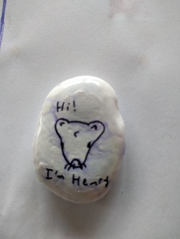 Henry, the kindness rock, in progress, after being outlined in sharpie and sprayed again with aerosol hairspray.