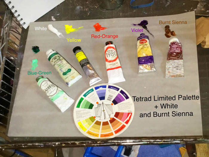 The tetrad limited color palette I used, with two couple of complementary hues: yellow, violet, red-orange and blue-green.