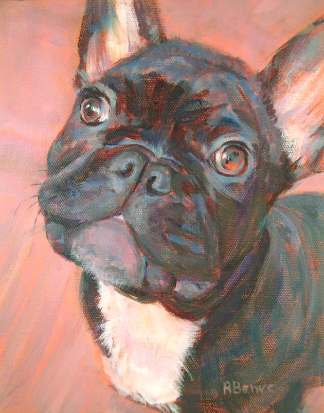 This black French bulldog is very feisty, so I chose an orange ground to portray vitality and to contrast the blues and purples of his fur. Acrylic on canvas.