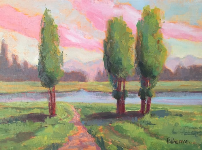 This acrylic landscape painting was toned with orange to complement the green of the vegetation and to warm up the overall feeling of the picture. Acrylic on canvas.