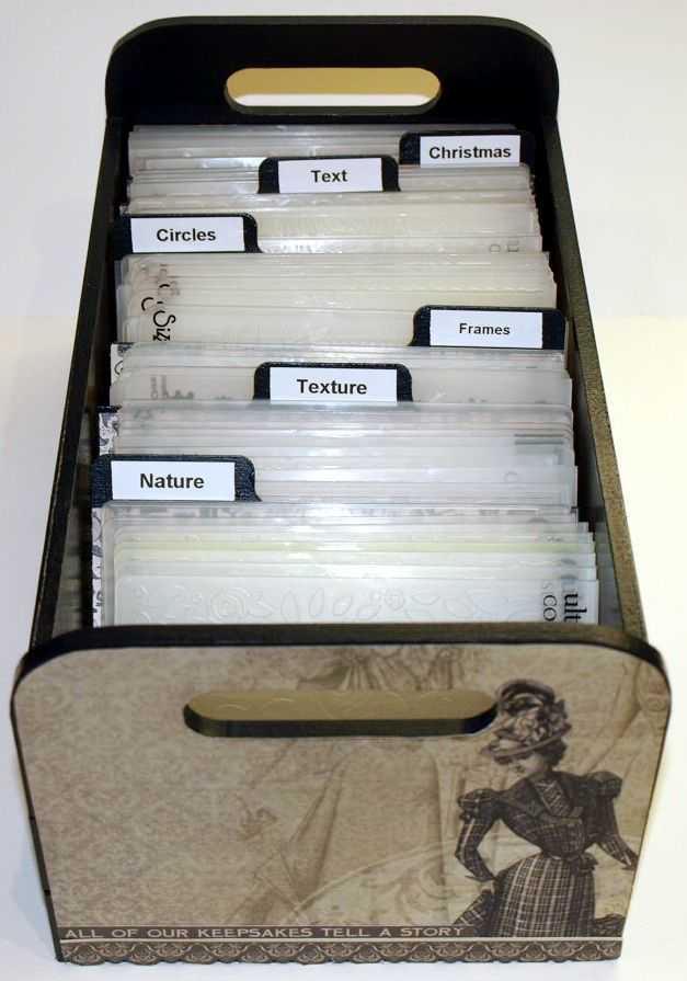 Store your embossing folder in a box with defined categories, For me, I like finding them by theme or subject, Special holidays like Christmas, Thanksgiving, ect would be their own category,