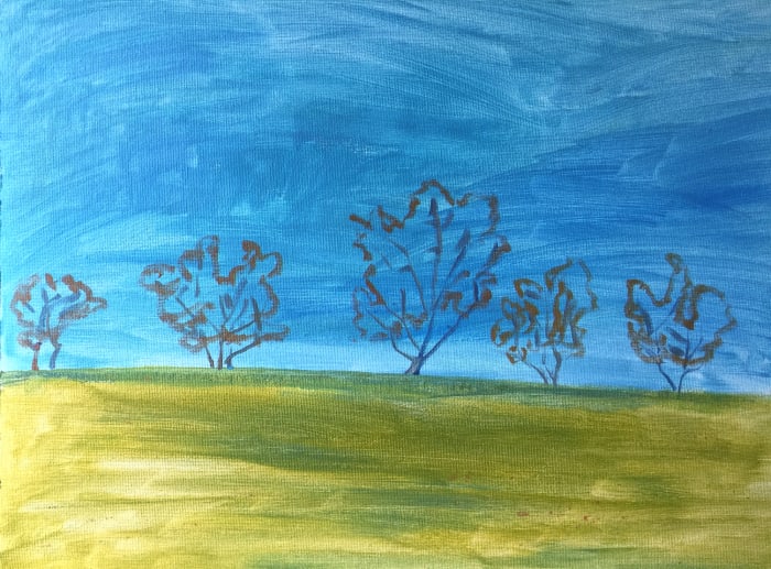 Draw the outline of the foliage with thin paint of a contracting color, like orange or reddish.