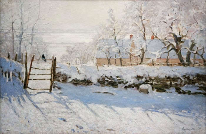 Snowscape painting by the French Impressionist Claude Monet depicting a solitary black magpie perched on a fence. Date 1868 -1869