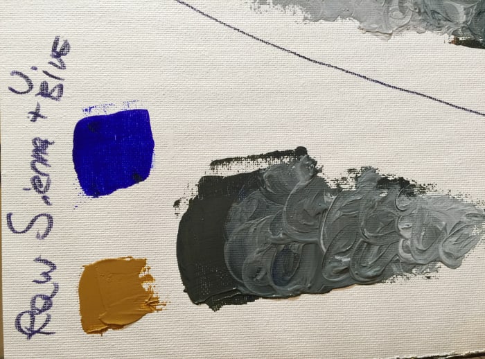 Mixing Raw Sienna and Ultramarine blue, the resulting neutral is very similar to the one obtained mixing Vermillion and Ultramarine blue, but this time the mix leans towards a dark blue-green.
