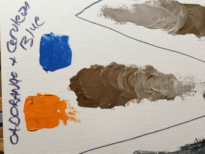Cadmium orange and cerulean blue make a nice brown, that is slightly lighter and warmer than the previous mix.