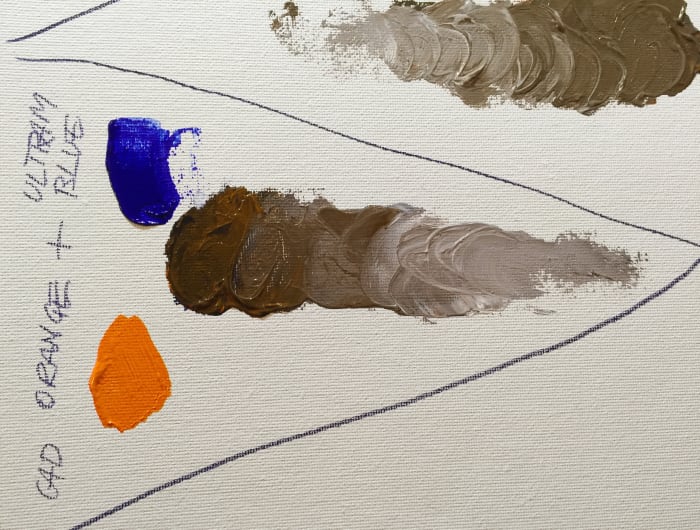 Cadmium Orange and Ultramarine Blue make a warm, dark brown, when white is added in it gets really neutral.