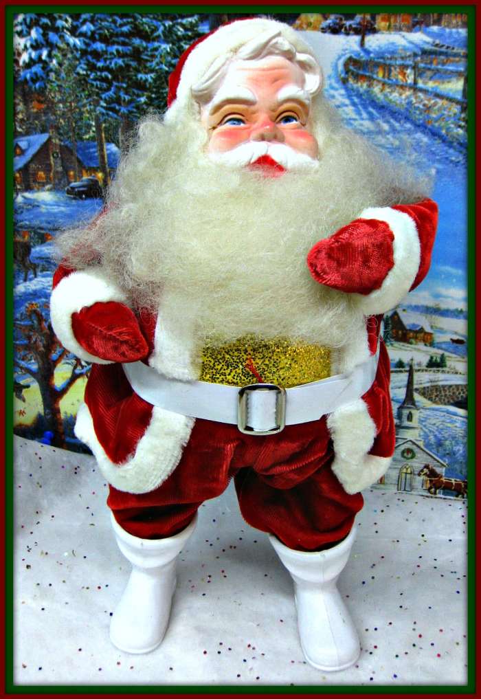 This sweet Harold Gale Santa is with the rare gold glittered vest. He is extra jolly and at 13 inches tall, he is ready for your home Christmas display.