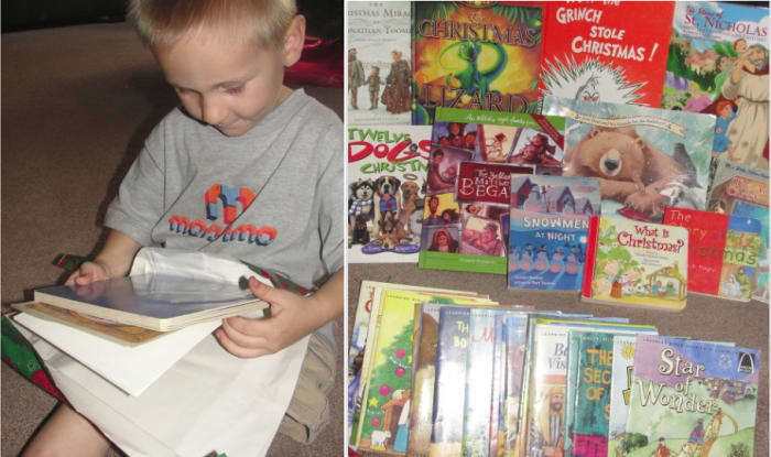 Some of our favorite Christmas books for children. The Arch Books series (the row in the front) has a wonderful selection of variations of the Christmas story written in individual books that are perfect for young listeners.