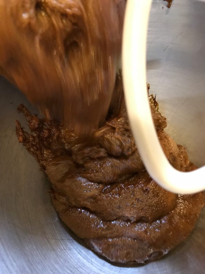 Transfer the sugar/butter mixture to an electric mixer. It has a rather strange texture at this point, which is fine. You can work by hand at this point, kneading in the flour, but you'll need to be a lot less lazy than I am.