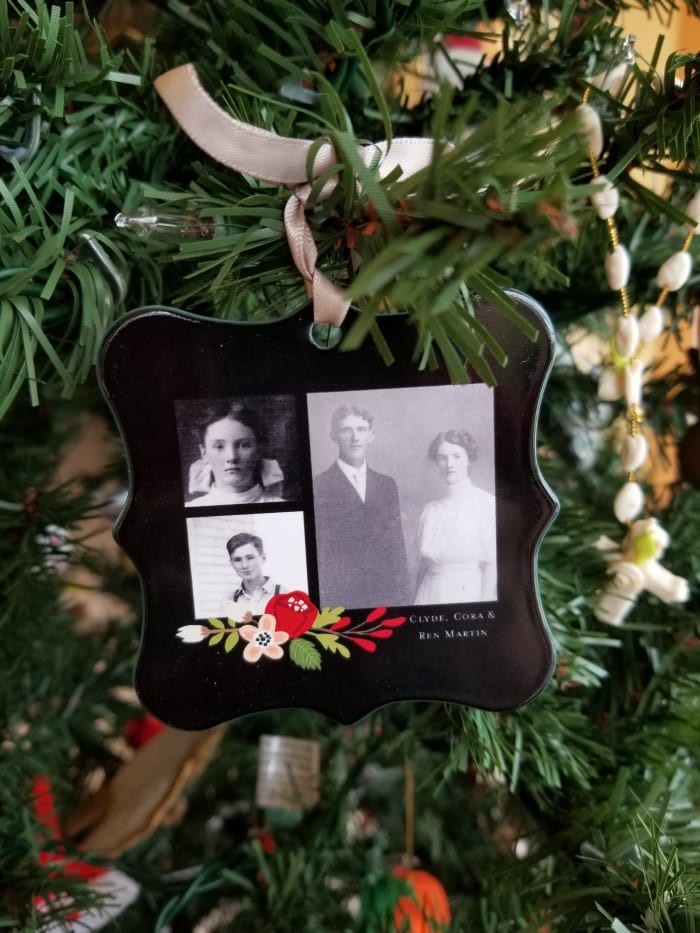 Why not feature your ancestors on an ornament? This ornament, made using Shutterfly, has a collage of my father and his parents.