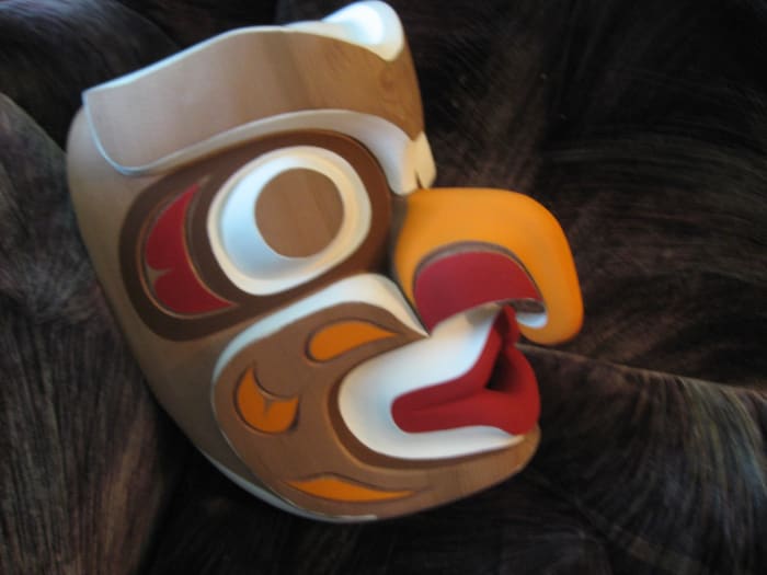 One of Rupert Scow's unfinished bird masks which he was painting while teaching our carving course.