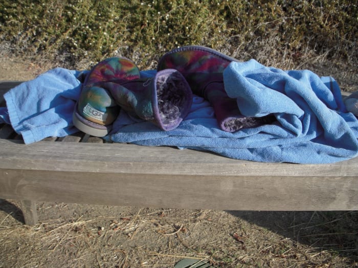 Use old towels to blot as much excess water out of boots as you can. Leave boots in a warm, sunny location to dry, use a fan, or put into your dryer on low setting.