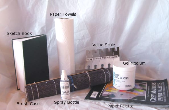 Gift ideas for painters: sketchbook, brush holder, paper towel rolls, water sprayer, value finder, acrylic medium, and disposable paper palette.