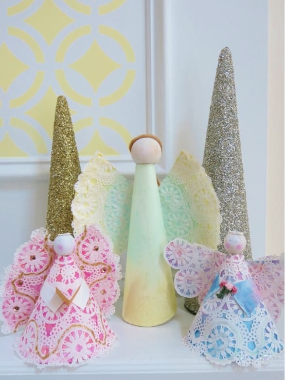 These colorful angels are made from a simple paper plate, a lace doily, and some basic art supplies.