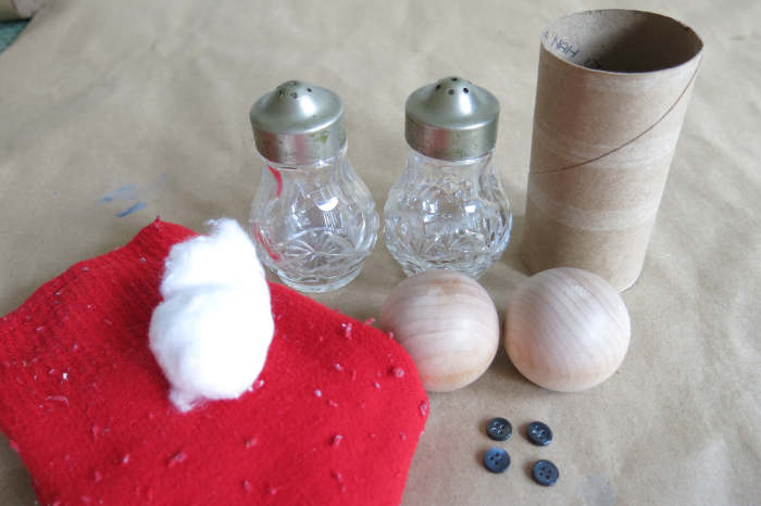 Materials for Making a Snowman and Santa Figure from Recycled Salt and Pepper Shakers