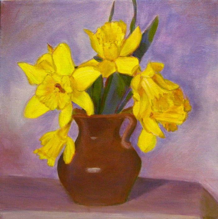 In this painting I wanted to explore the beauty of the spring flowers and the power of complementary colors, like yellow and violet. "Daffodils" acrylic painting by Robie Benve