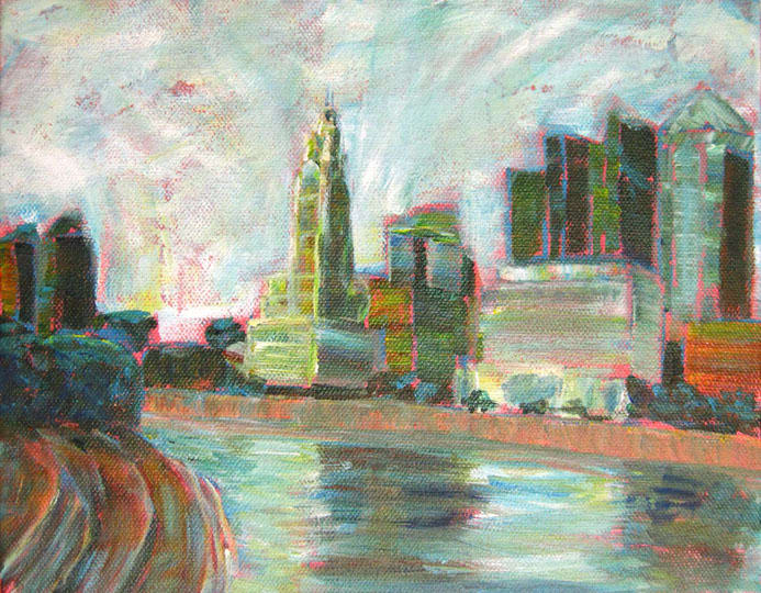 A vibrant and expressive use of the brushstrokes. The bright magenta ground color, still visible in many areas, adds energy to the painting. "Downtown Columbus", acrylic painting by Robie Benve