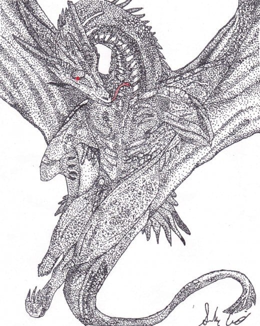 This is my latest pointillized piece, using mainly black with a tiny amount of red to bring out the eyes and tongue.