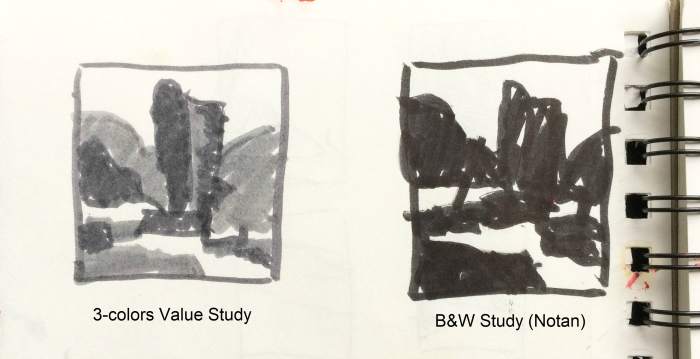 Two studies that I did before starting the painting "Hopes and Smiles" below. Planning the light and the dark shapes really helped me.