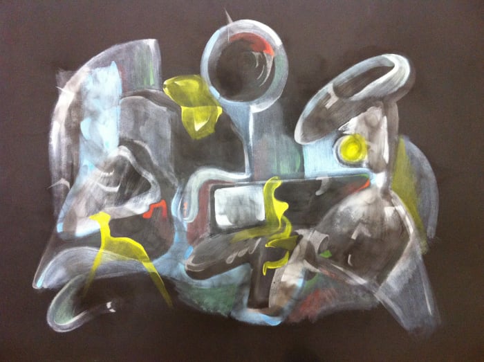 Astros and Actual Time: Size: 22" x 30" (56cm x 76cm) Medium: Fumage, Gouache and Color Pencil on Paper