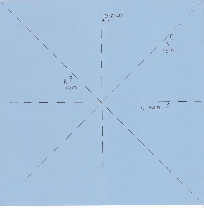 Fold paper in half , unfold along C line. Then turn the paper a quarter turn and fold and unfold again along D line.