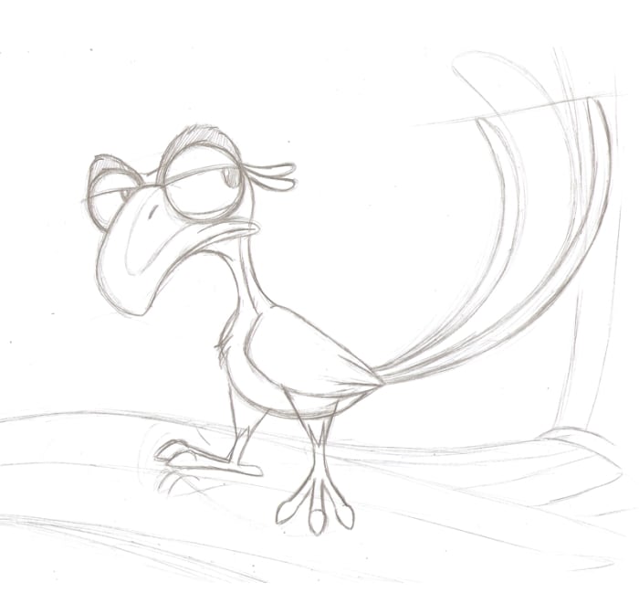 What your sketch will look like. Note the absence of the rings on the wing and tail feathers. I decided to add those during the digital inking process. Of course, you'll want to add those to your own sketch since digital inking isn't covered here.