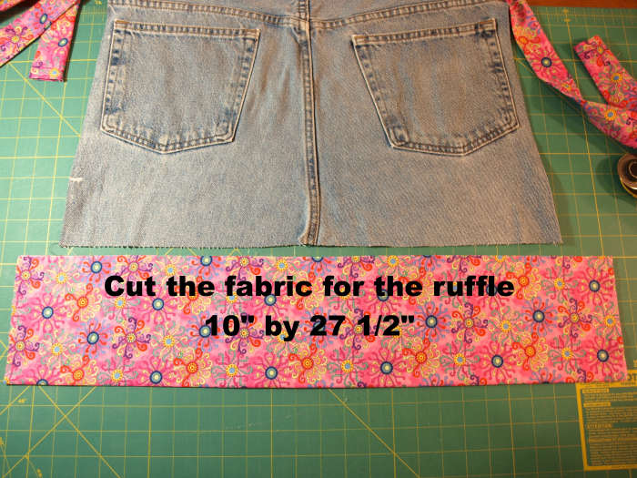 For the ruffle, cut a piece of fabric to the measurements noted. This makes a subtle ruffle. Cut the fabric longer and the ruffle will be fuller.
