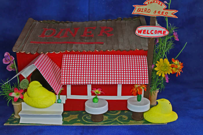 Peeps Diner --We used spools, beads, bottle caps, and small silk flowers for the props in the diorama.