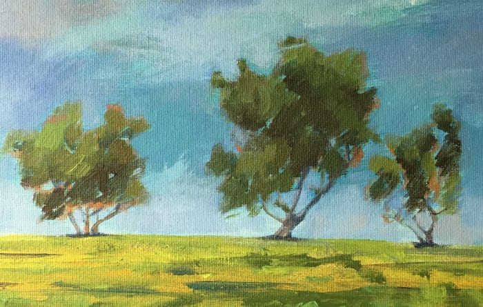 Three trees with sky holes, a mid-step work-in-progress featured in my article about a painting tutorial on how to paint believable trees mentioned above.
