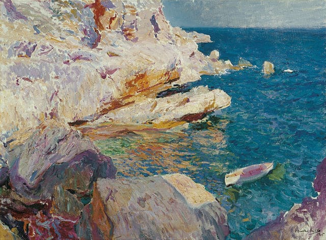 "Joaquín Sorolla y Bastida - Rocas de Jávea y el bote blanco" by Joaquín Sorolla - Museo Carmen Thyssen, Málaga.