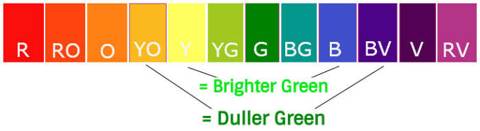 To mix a bright green, use a blue and a yellow that are close to each other on the color wheel. To mix a duller green, use a cool blue, like ultramarine, and a deep yellow, both have some red in them.