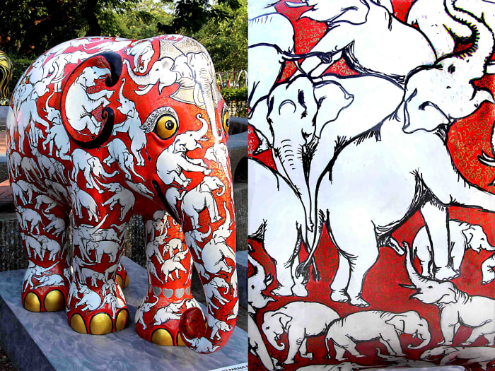 According to the artist, '(each) elephant has its own great ego and identity'. His red elephant features a multitude of white elephants designs