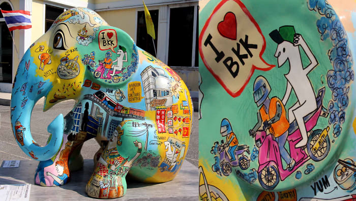 Little Jaidee carries a montage of cartoons in affectionate homage to Bangkok, by one of the city's own artists. Bangkok is often abbreviated to 'BKK'