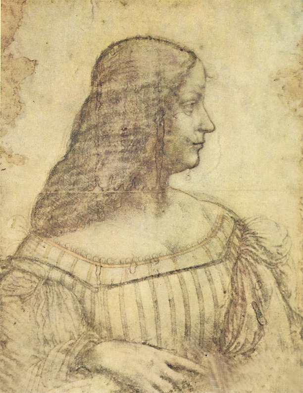 Presumed study of Isabella d'este by Leonardo da Vinci in black chalk and white on brown paper.