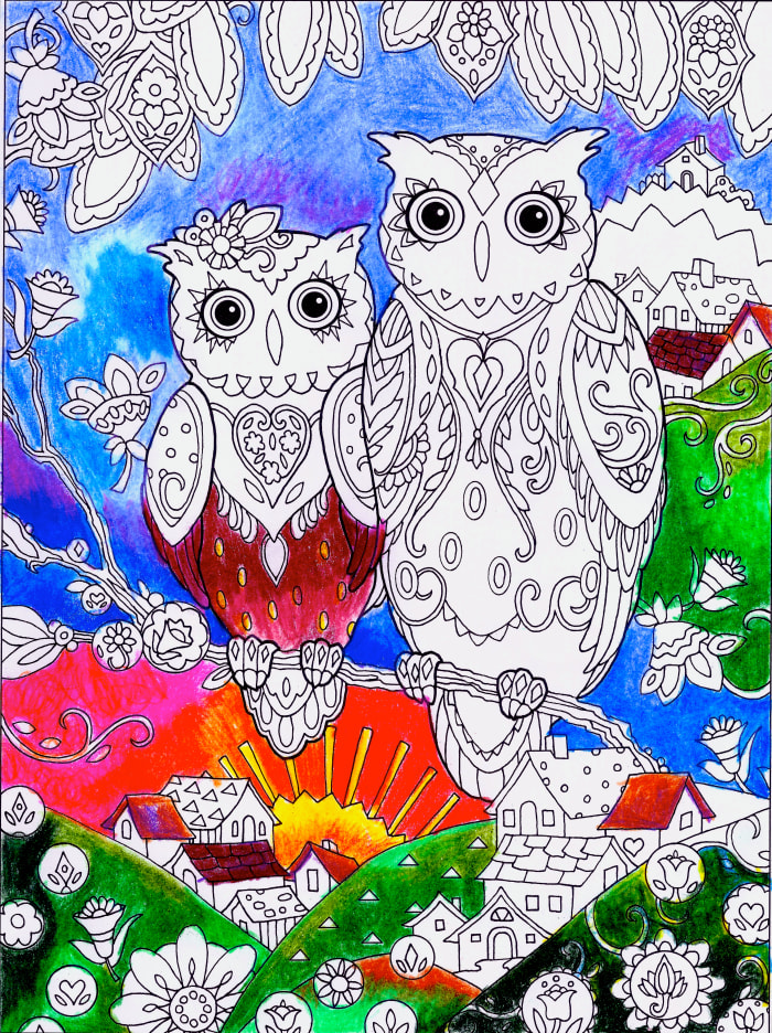 This is an example of an adult coloring book page done with Prismacolor Premier color pencils. Note the vibrancy of the colors. These pencils work well on smooth paper somewhat thick paper of adult coloring books.