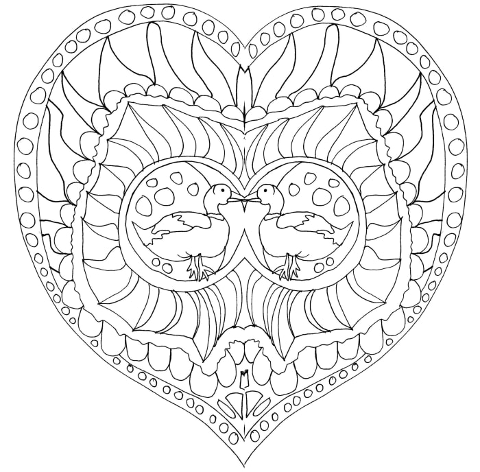 This mandala-inspired coloring page features two ducks at the center of a heart design.