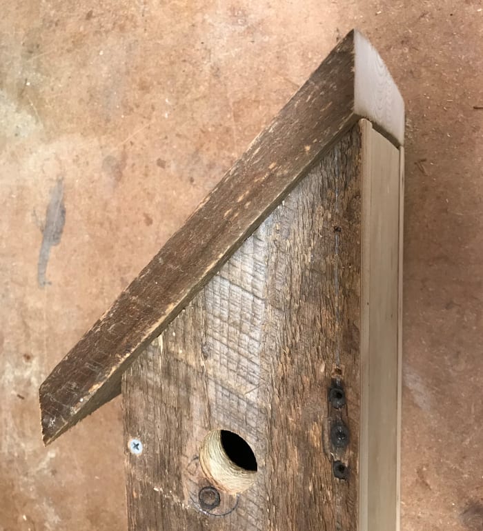 The side angle view. This photo shows the beveled edges of the roof and back sections fitted against the slanted side piece. All of the angles are cut at 45-degrees.
