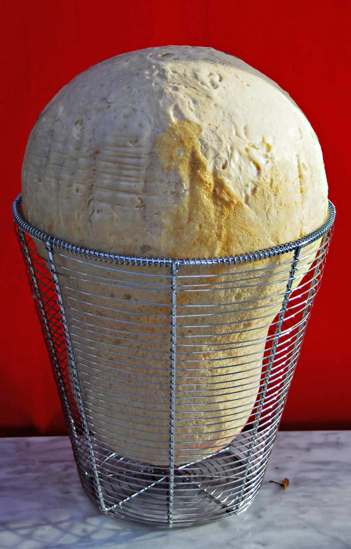 Hat block clearly showing that it was molded in a waste paper basket and then carved to form a cloche type hat block. I found that by inserting it upside down in the waste paper basket it gives me a nice stand from which to work