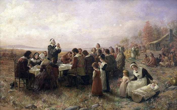 The First Thanksgiving at Plymouth with Pilgrims and Native Americans. By Jennie A. Brownscombe (1914)