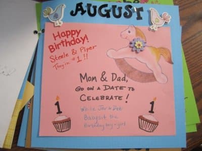 For the August coupon, the theme is the twins' first birthday, so Mom and Dad should go out and celebrate with a date.