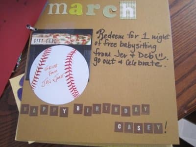The theme for the March coupon is the husband's birthday and one of the couple's favorite sports. There's gift card for a pizza.