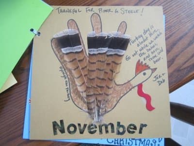 November is Thanksgiving month -- a time to be particularly thankful. 11-year-old Ryleigh used her hand to outline the turkey.