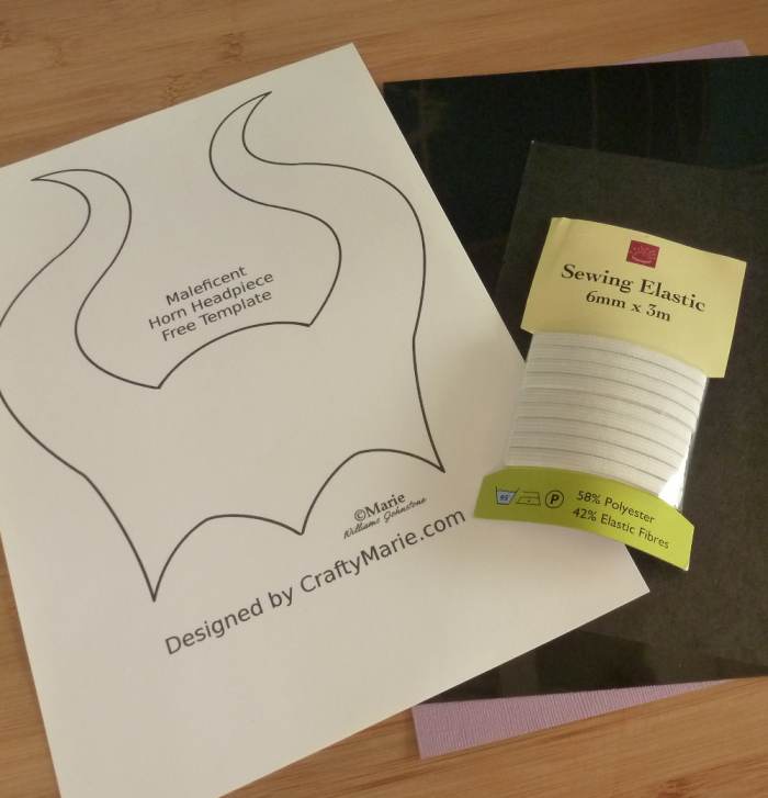 Materials and supplies you will need to make a very easy Maleficent headband mask with a free template, card and elastic