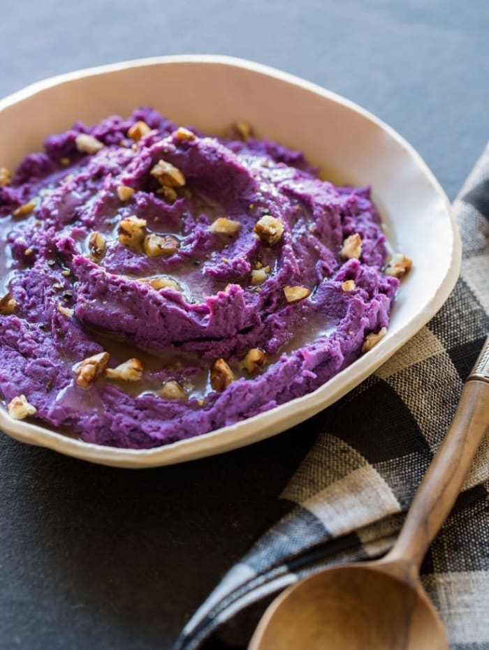 Healthy, vibrant, great flavor, and your family will love it! Purple sweet potatoes for Thanksgiving.