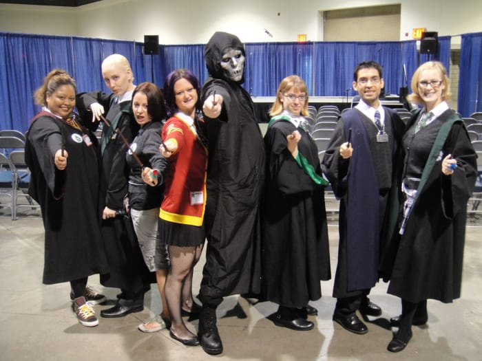Here's a group dressed as students from different houses—and even a Death Eater!