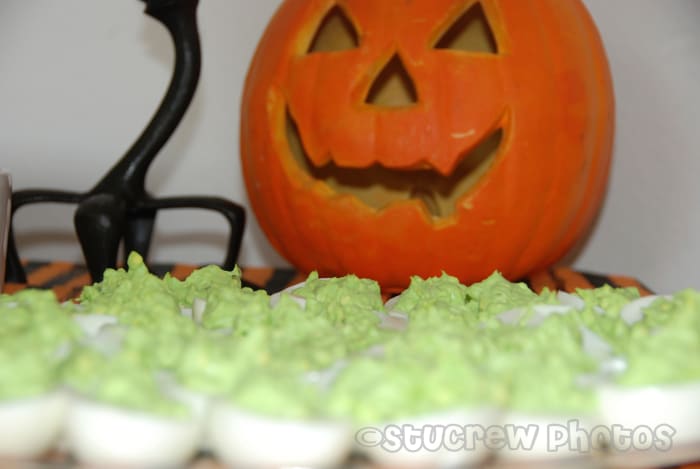 Put a little food-coloring in your yolk mix to add some Halloween flair to traditional deviled eggs.